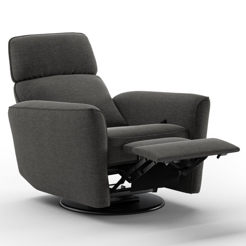 Luonto Welted Gliding Recliner Swivel Base in Fabric Oliver 515 with a Manual Opening in Side Open View