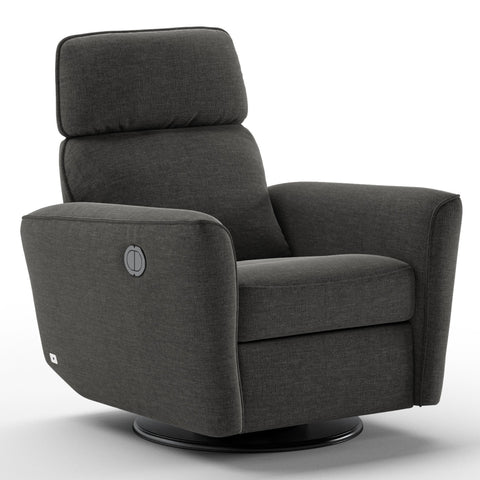 Luonto Welted Gliding Recliner Swivel Base in Fabric Oliver 515 with a Power and Battery Opening in Closed View