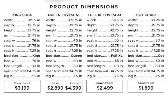 Luonto Nico Sleeper Sofa Dimensions Chart with Pricing
