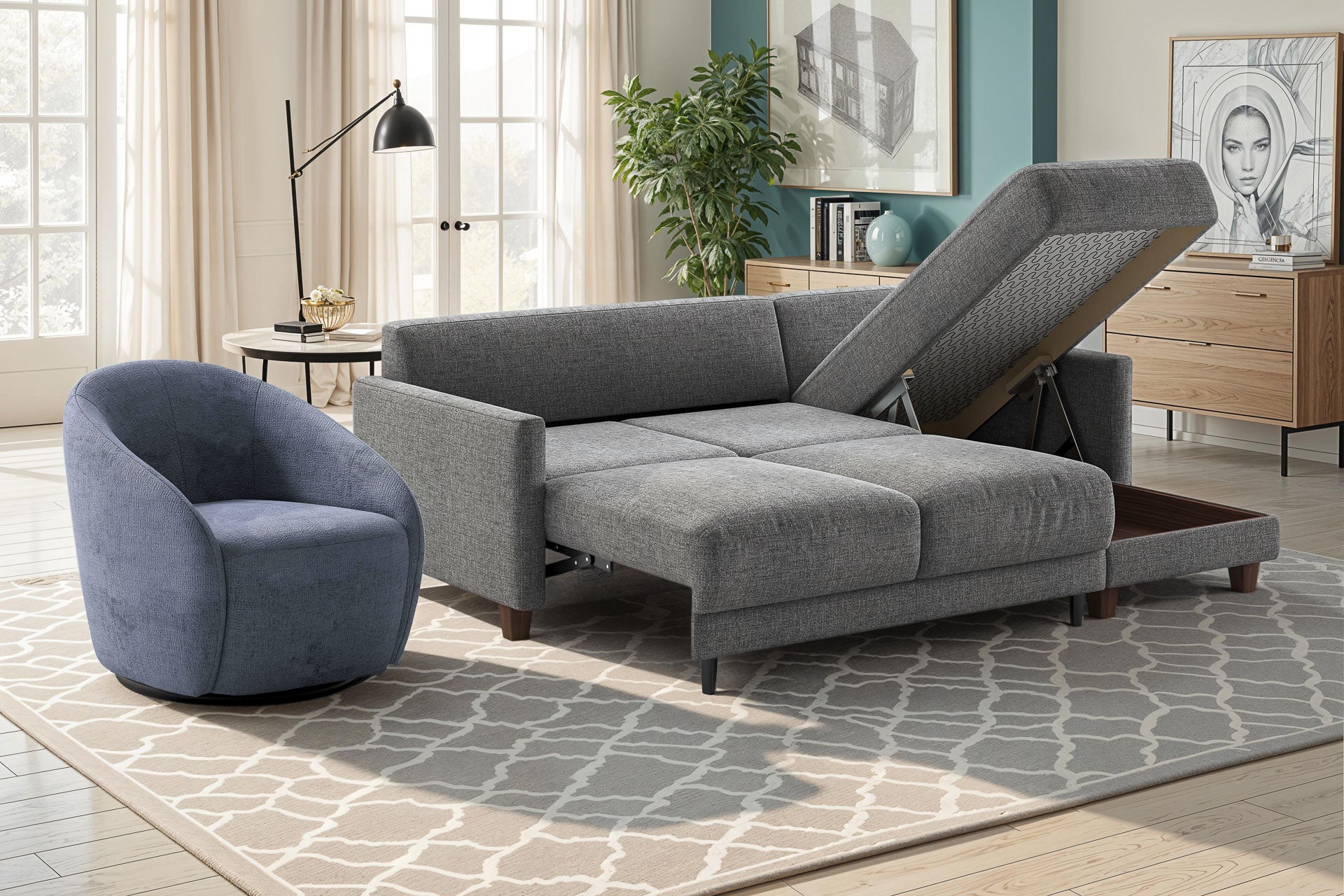 Luonto Martta Reversible Chaise Sleeper - Full XL in Atlantic 07 - Open