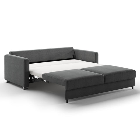 Luonto Fantasy King Sofabed in Fabric Fun 481 with Chrome Foot and Level Mechanism in side open View