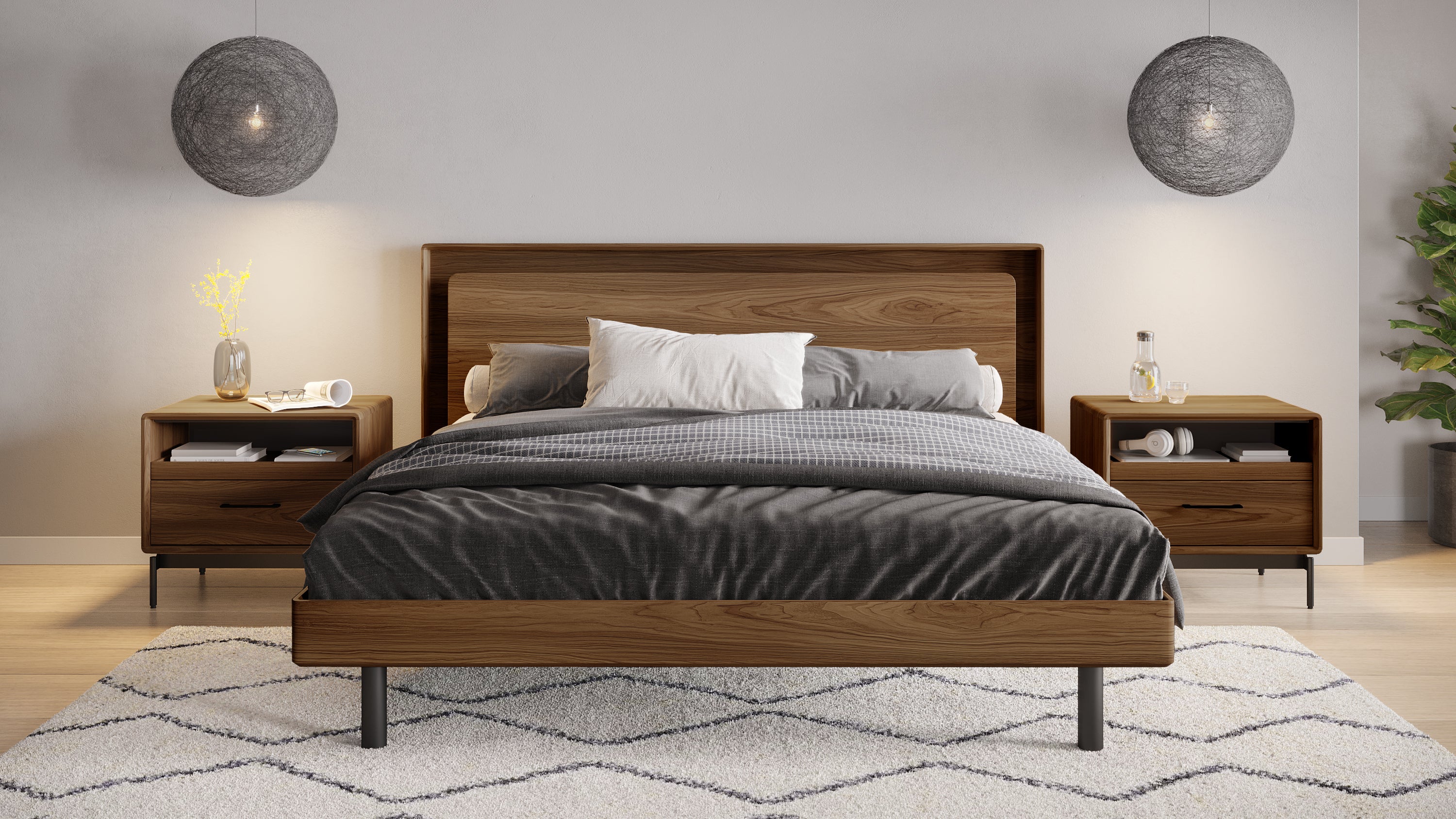 Queen bed store with side tables